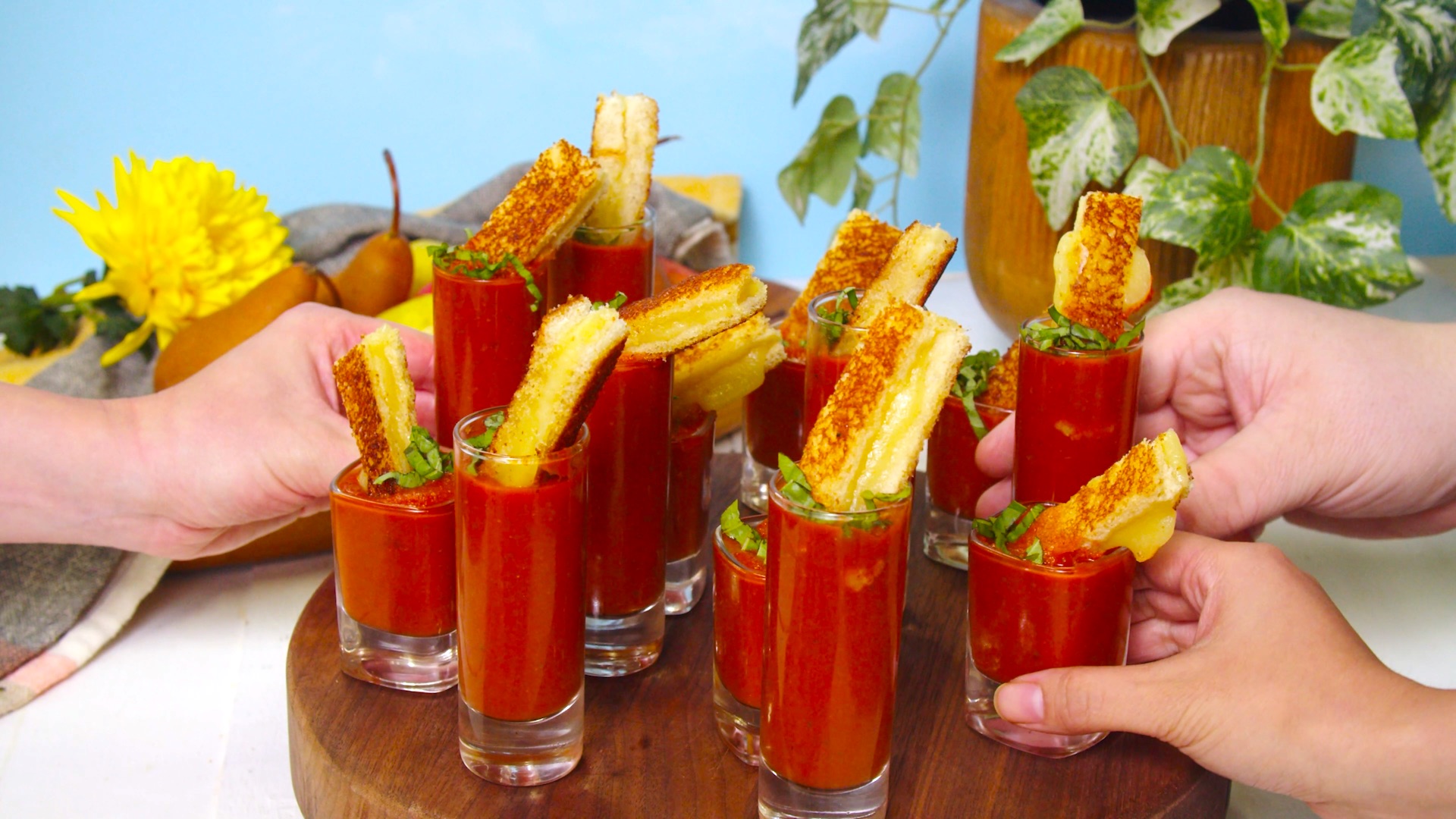 Creamy Tomato Soup Shooters with Mini Grilled Cheese, Vegan