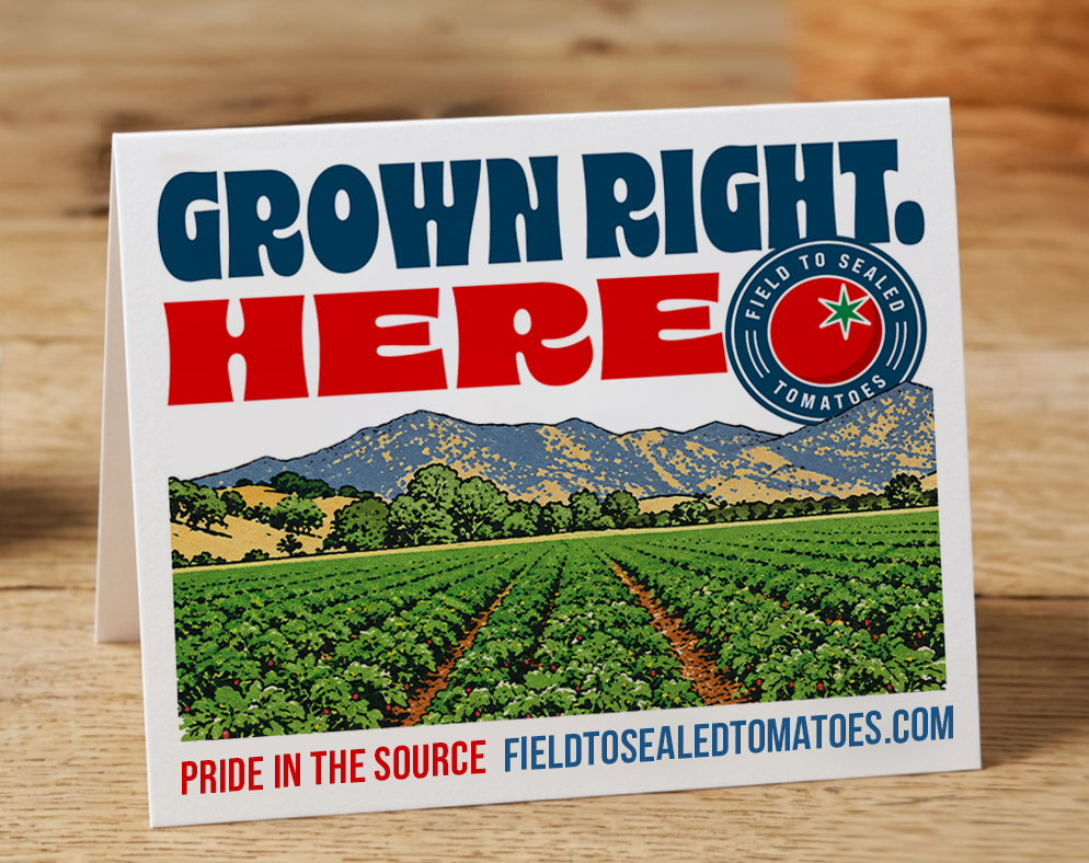 Field to Sealed table tent: Grown Right. Here. over a painted tomato field, with Pride in the Source